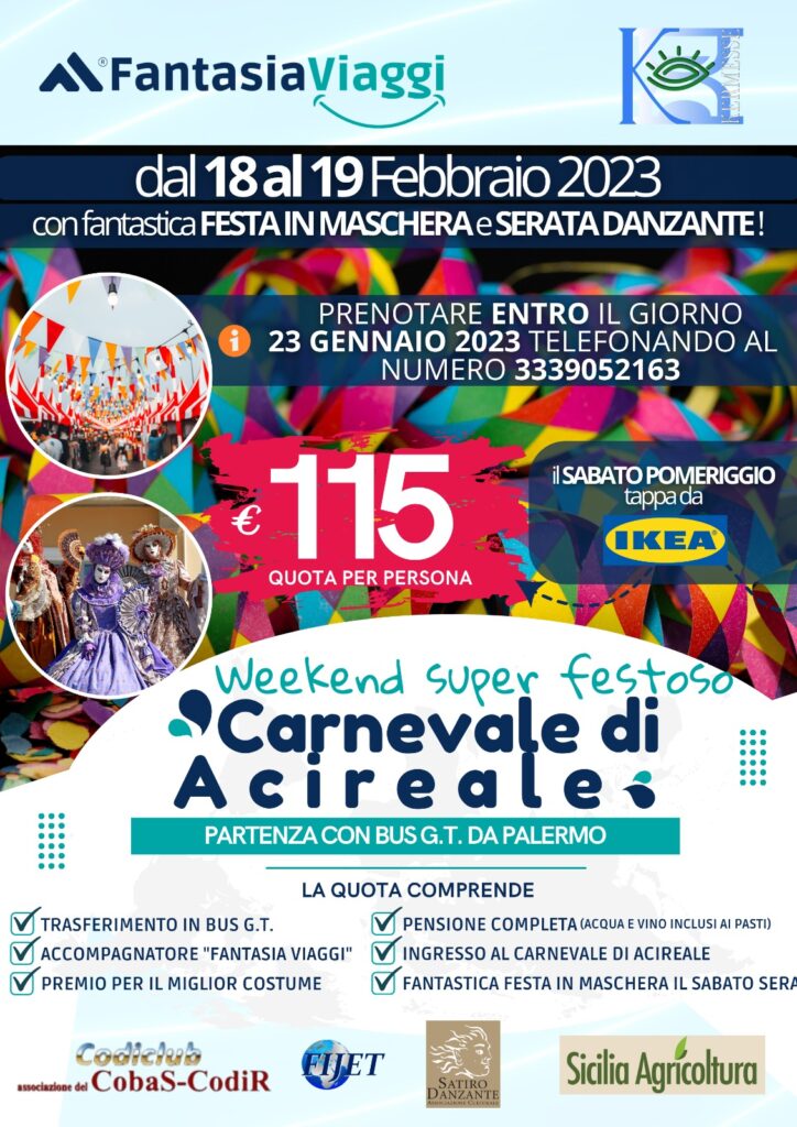 Locandina Carnevale di Acireale visita guidata nel weekend 18 e 19 Febbraio ASSOCIAZIONE CULTURALE KERMESSE