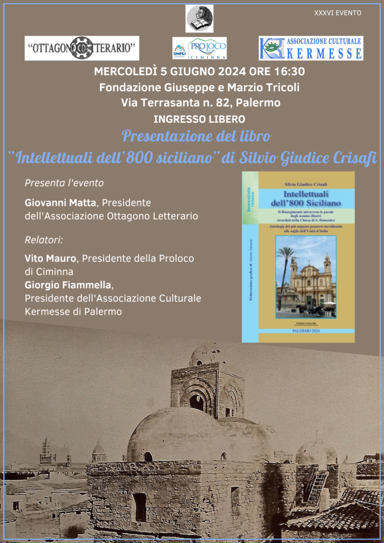 locandina evento 5 giugno 2024 intellettuali dell'800 siciliano Silvio Giudice Crisafi associazione ottagono letterario fondazione tricoli